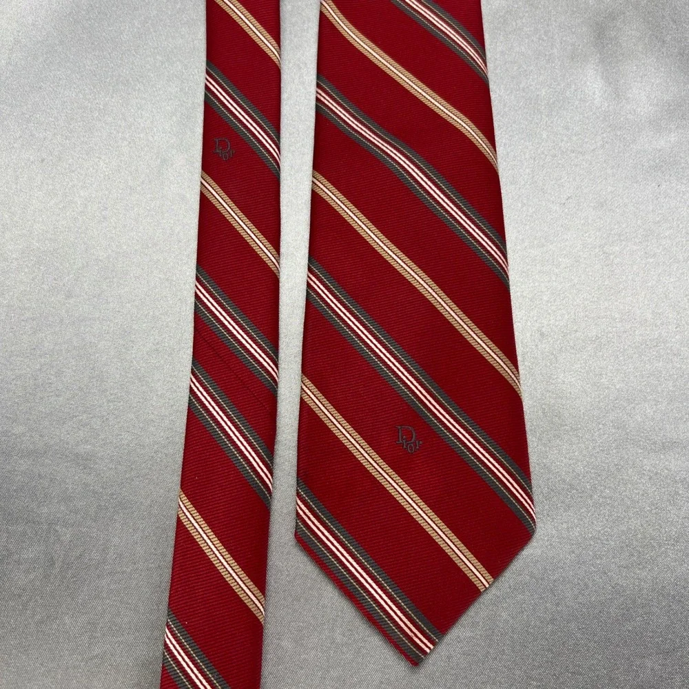 Christian Dior Mens Silk Tie Red Diagonal Stripe Embroidered Logo 54in Vintage